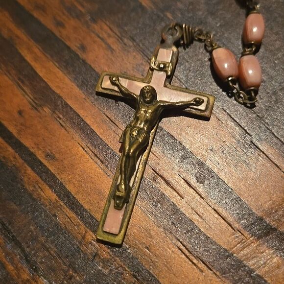 Vintage Pink Bronze Silver Tone Medals Color Rosary Necklace Faith Love Hope - Picture 3 of 16